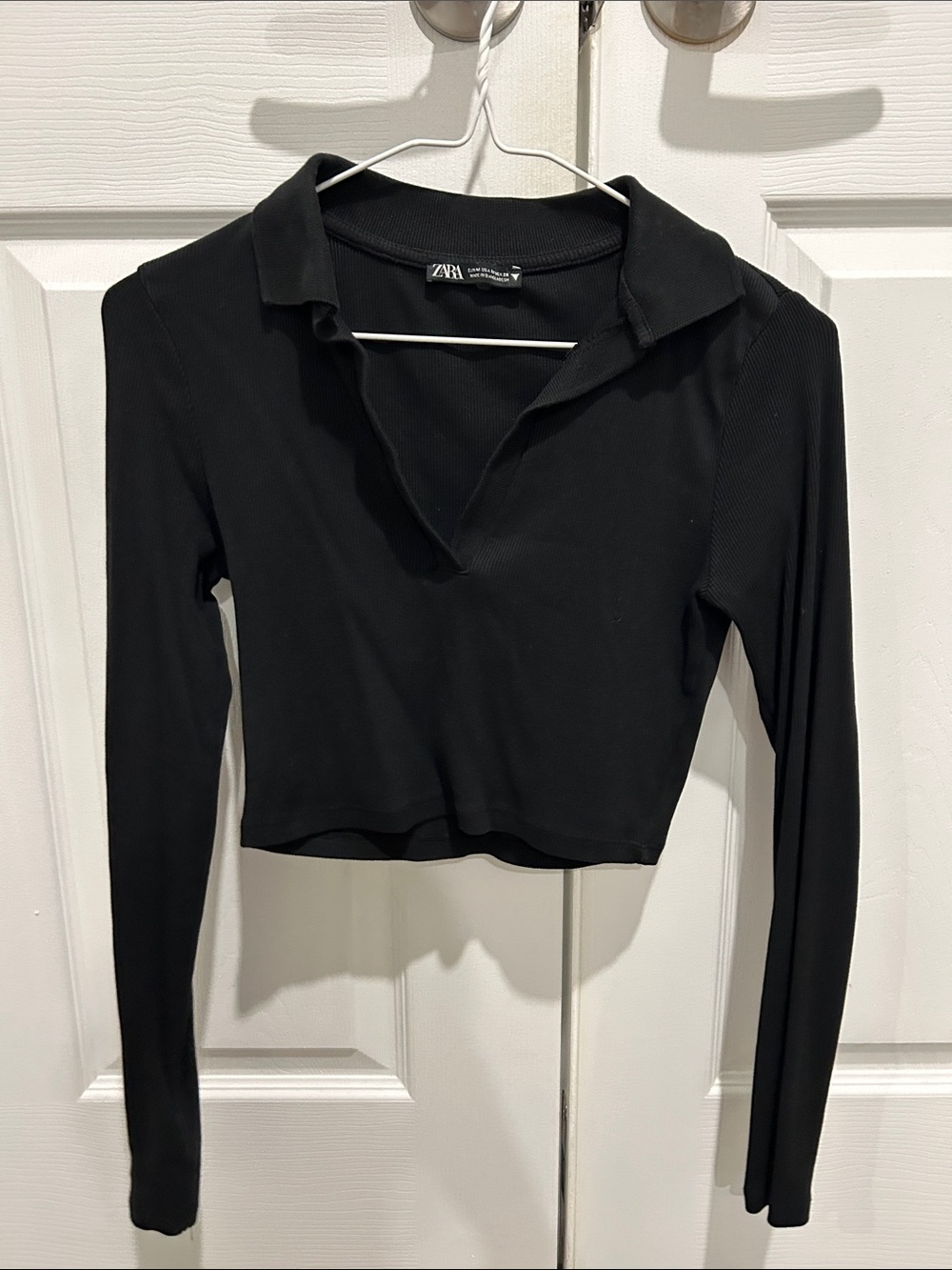 Zara Black Cropped Long-Sleeve Polo Top